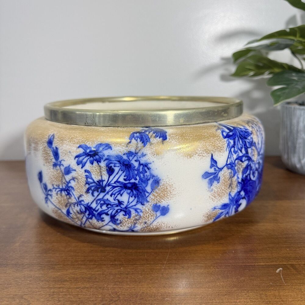Antique Doulton Burslem Arundel Flow Blue Floral Gold Gilt Bowl 1891